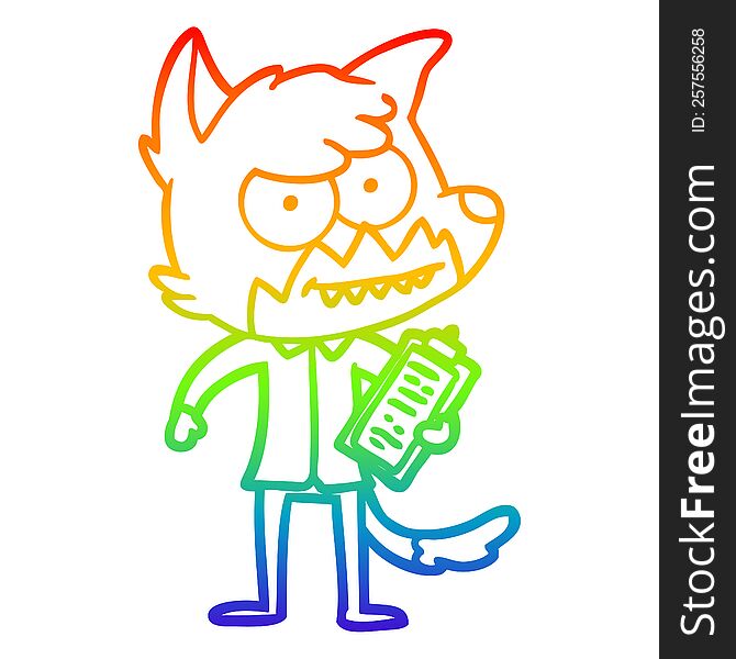 rainbow gradient line drawing of a cartoon grinning fox with clipboard