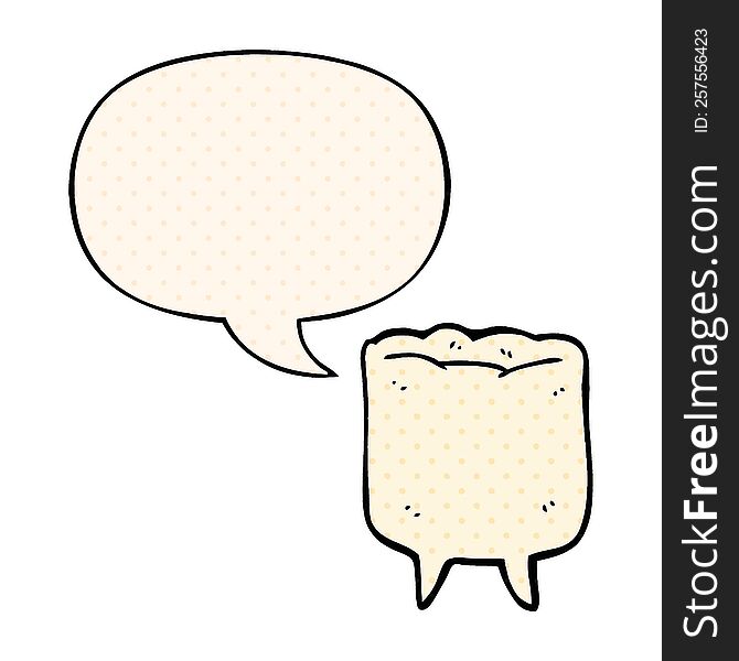 cartoon tooth with speech bubble in comic book style