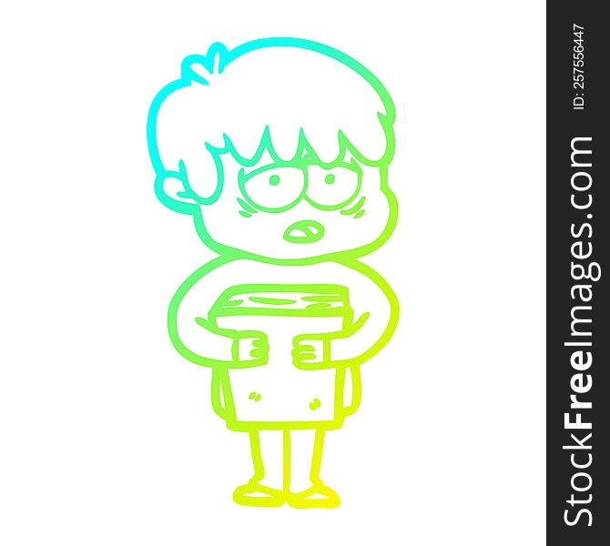 Cold Gradient Line Drawing Cartoon Exhausted Boy Holding Book