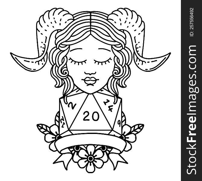 Black and White Tattoo linework Style tiefling with natural twenty dice roll. Black and White Tattoo linework Style tiefling with natural twenty dice roll