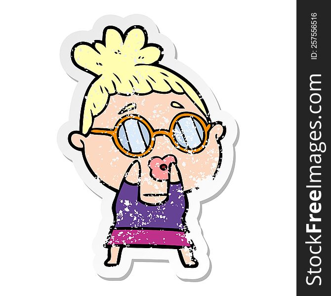 distressed sticker of a cartoon woman wearing spectacles