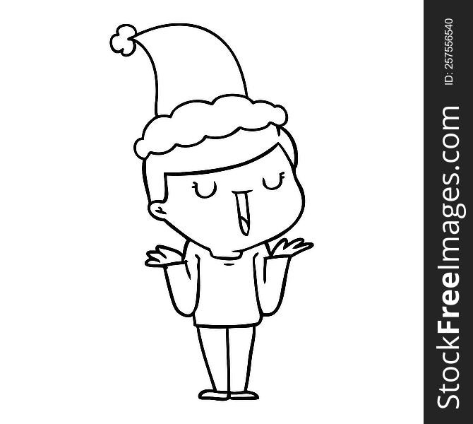 line drawing of a happy boy with no worries wearing santa hat