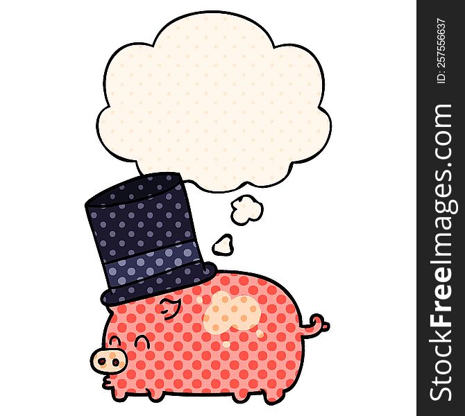 cartoon pig wearing top hat with thought bubble in comic book style