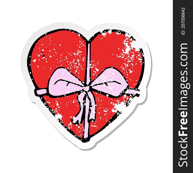 Retro Distressed Sticker Of A Cartoon Heart Shaped Present