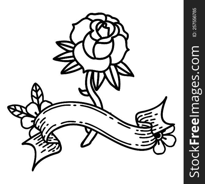 traditional black linework tattoo with banner of a rose