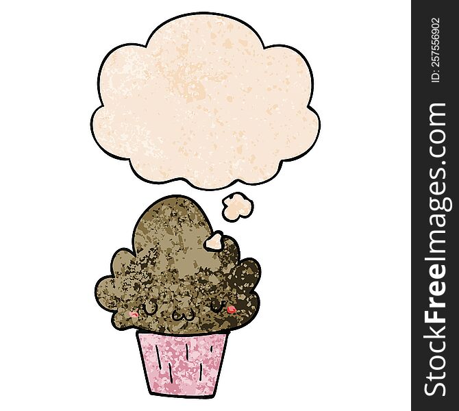 Cartoon Cupcake With Face And Thought Bubble In Grunge Texture Pattern Style