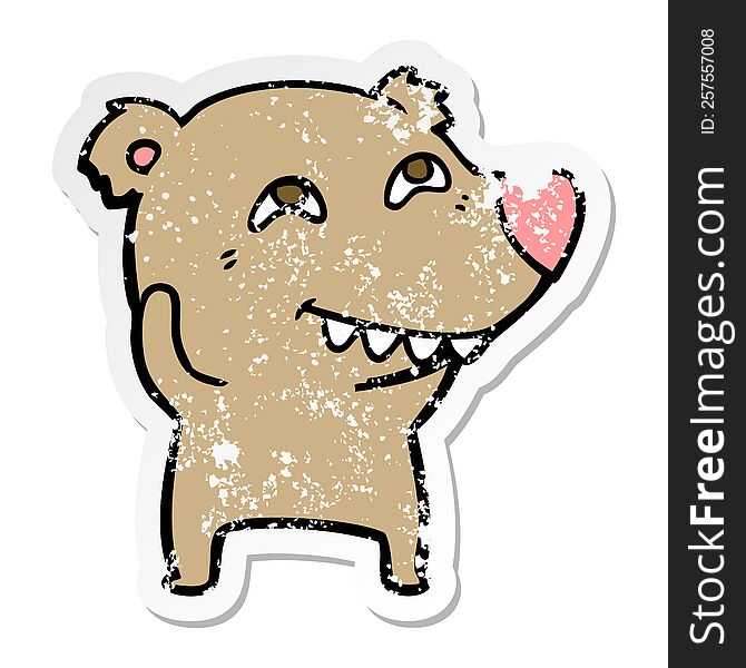 distressed sticker of a cartoon bear showing teeth