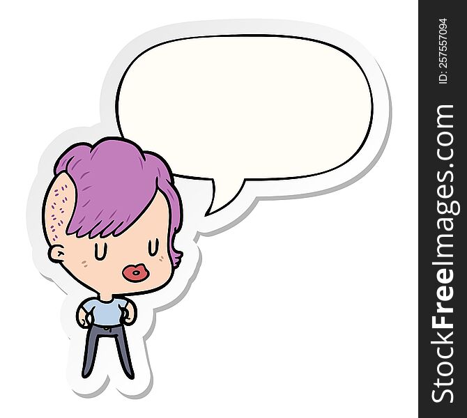 Cartoon Girl And Punk Hipster Haircut And Speech Bubble Sticker