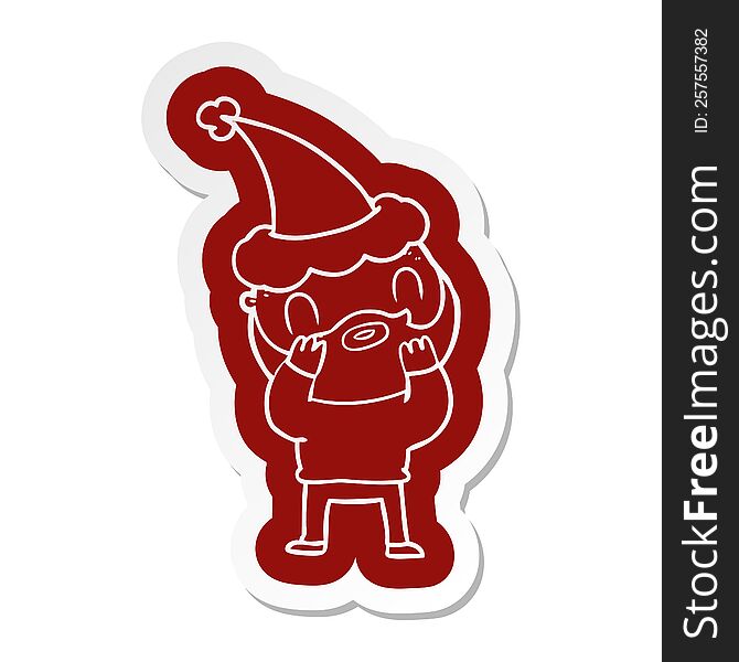 Cartoon  Sticker Of A Bearded Man Wearing Santa Hat