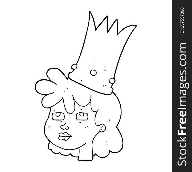 freehand drawn black and white cartoon queen with crown