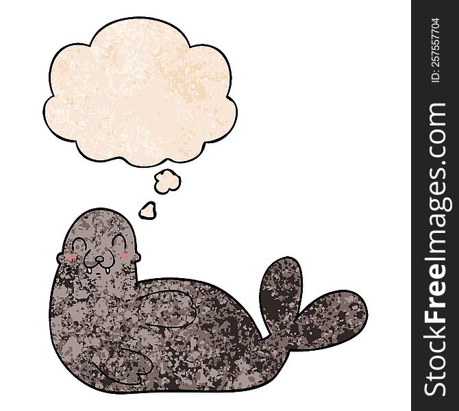 Cartoon Seal And Thought Bubble In Grunge Texture Pattern Style