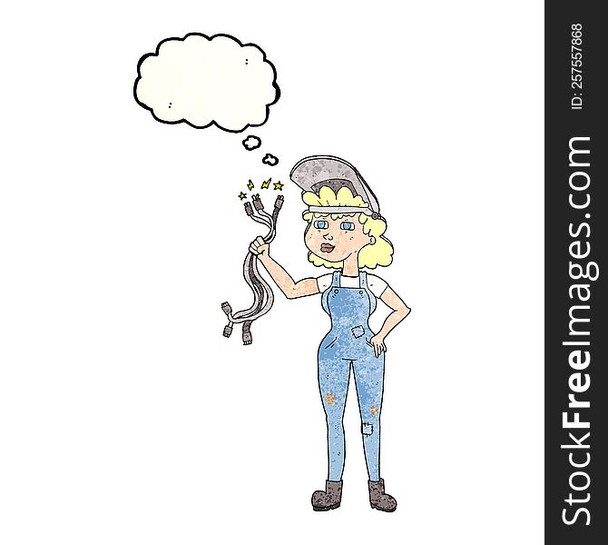 freehand drawn thought bubble textured cartoon electrician woman