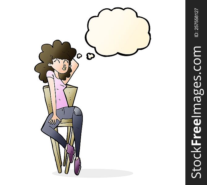 Cartoon Woman Posing On Chair With Thought Bubble