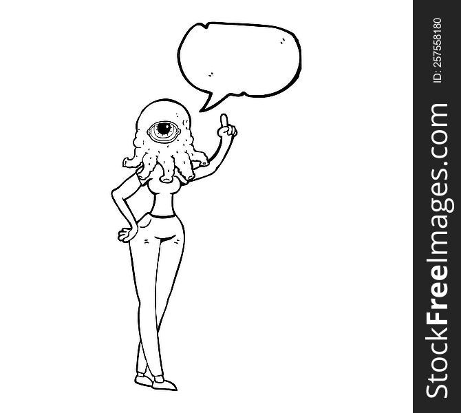 freehand drawn speech bubble cartoon female alien with raised hand