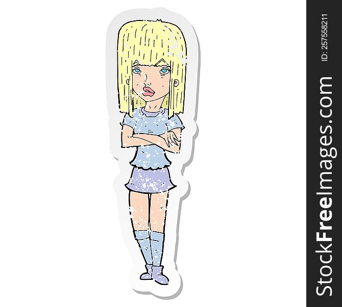 Retro Distressed Sticker Of A Cartoon Girl With Crossed Arms