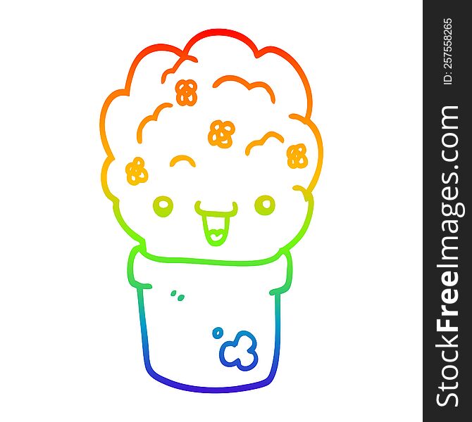 Rainbow Gradient Line Drawing Cartoon Shrub In Pot