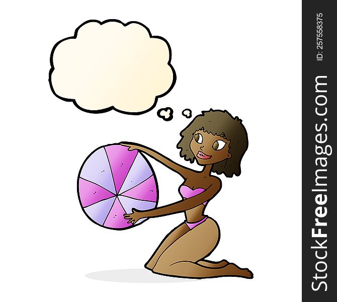 cartoon bikini girl with beach ball with thought bubble