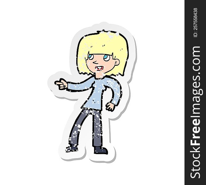 retro distressed sticker of a cartoon girl pointing