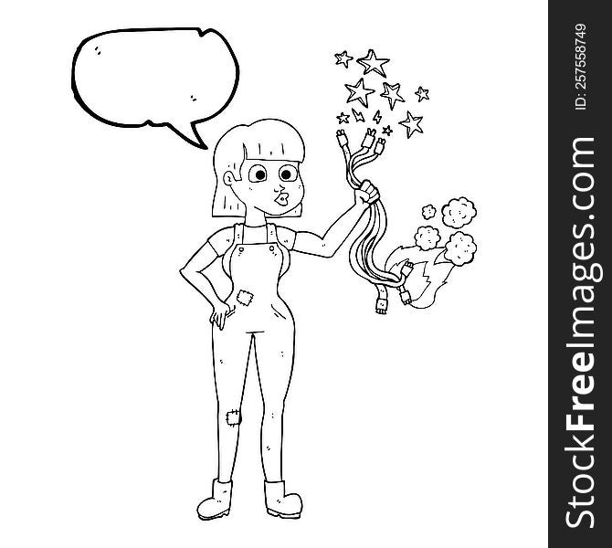 freehand drawn speech bubble cartoon female electrician