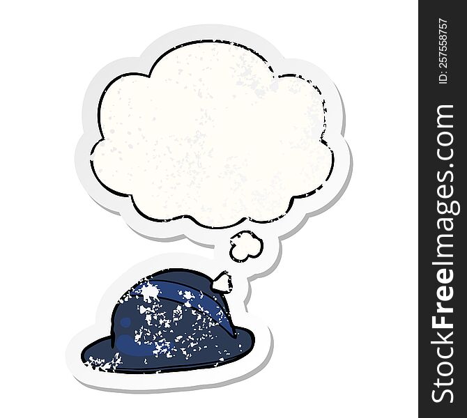cartoon bowler hat with thought bubble as a distressed worn sticker