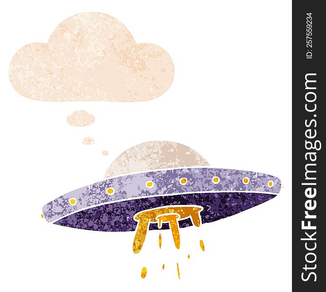 cartoon flying UFO with thought bubble in grunge distressed retro textured style. cartoon flying UFO with thought bubble in grunge distressed retro textured style