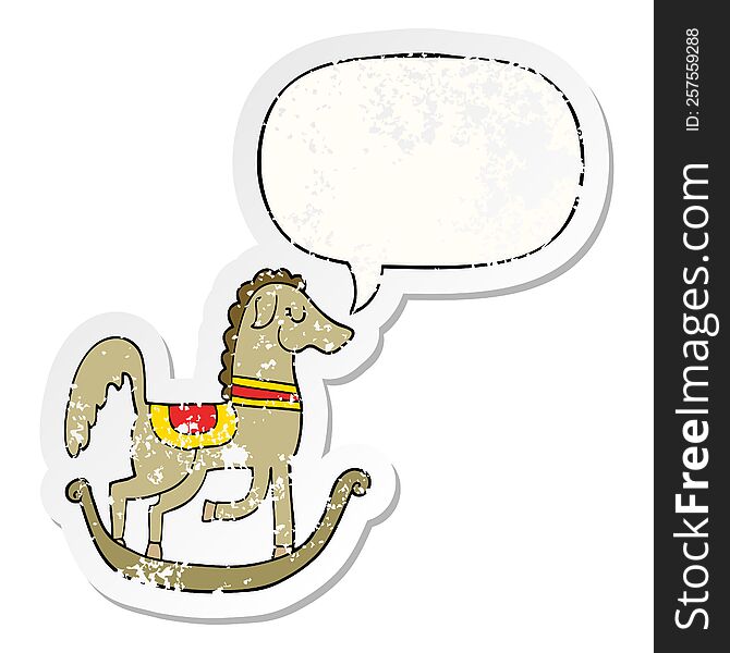 cartoon rocking horse and speech bubble distressed sticker