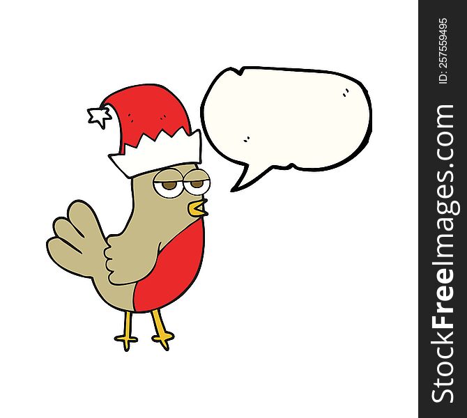 freehand drawn speech bubble cartoon robin in christmas hat