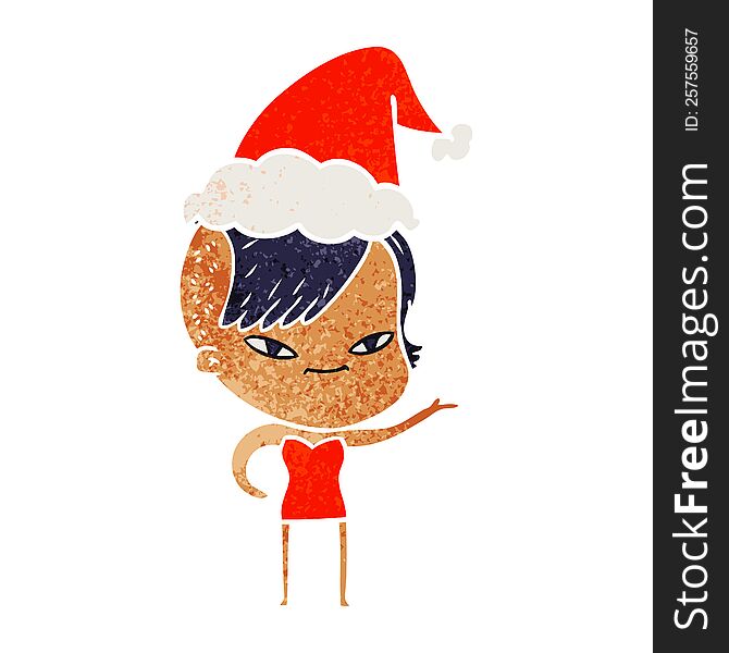 Cute Retro Cartoon Of A Girl With Hipster Haircut Wearing Santa Hat