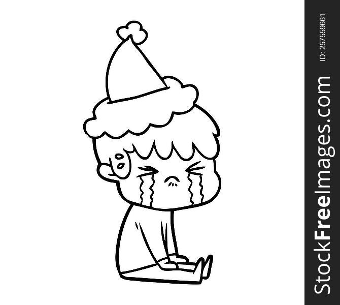 hand drawn line drawing of a boy crying wearing santa hat