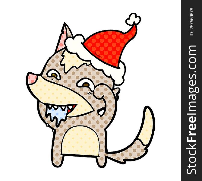 hand drawn comic book style illustration of a hungry wolf wearing santa hat