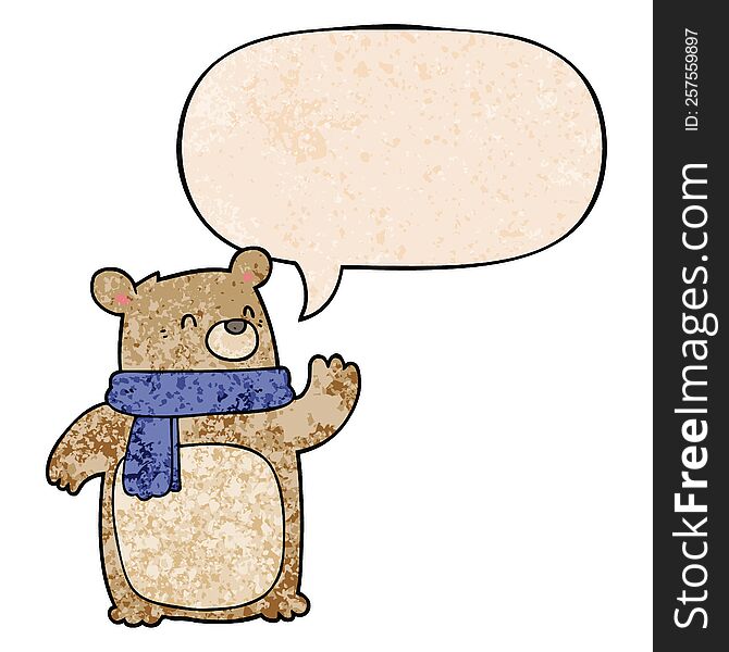 Cartoon Bear Wearing Scarf And Speech Bubble In Retro Texture Style