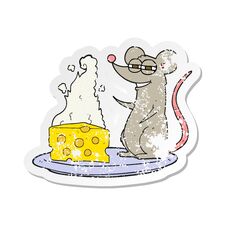 Retro Distressed Sticker Of A Cartoon Mouse With Cheese Royalty Free Stock Image