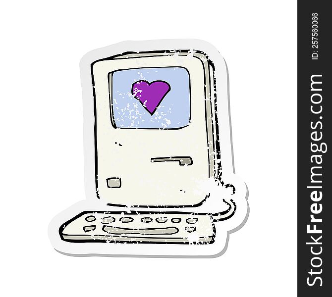 Retro Distressed Sticker Of A Cartoon Computer With Love Heart
