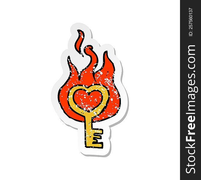 Retro Distressed Sticker Of A Cartoon Flaming Key