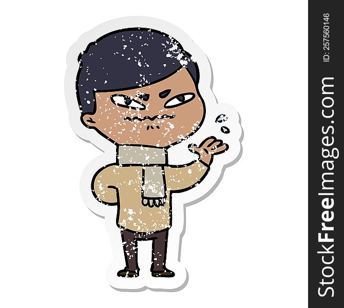 distressed sticker of a cartoon angry man