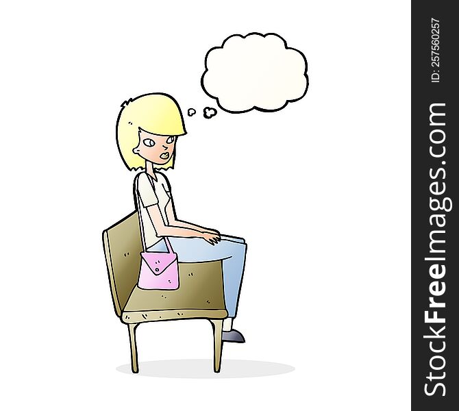 cartoon woman sitting on bench with thought bubble