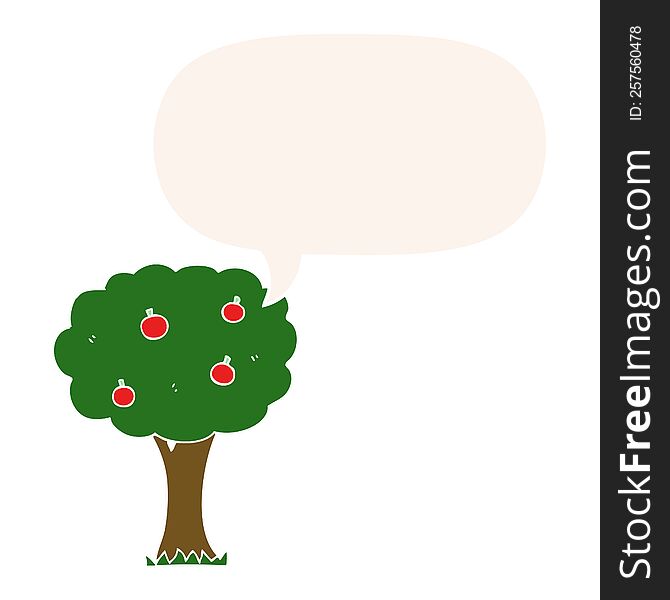cartoon apple tree with speech bubble in retro style