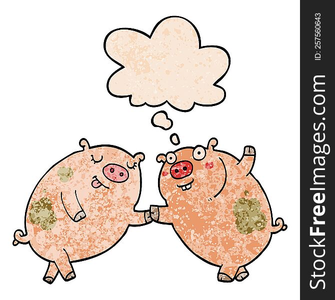 cartoon pigs dancing and thought bubble in grunge texture pattern style
