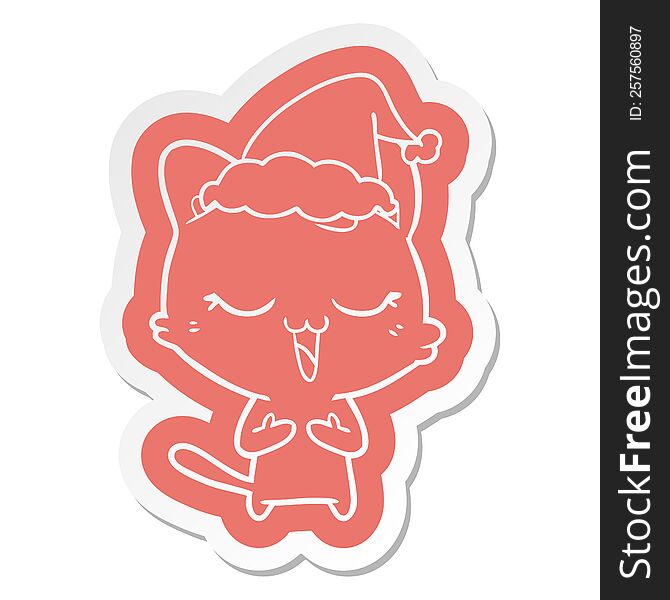 Happy Cartoon  Sticker Of A Cat Wearing Santa Hat