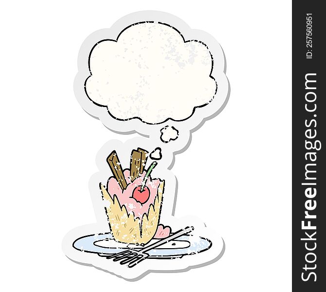 cartoon dessert with thought bubble as a distressed worn sticker