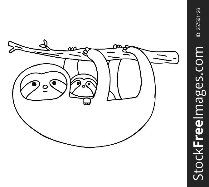 Quirky Line Drawing Cartoon Sloth And Baby