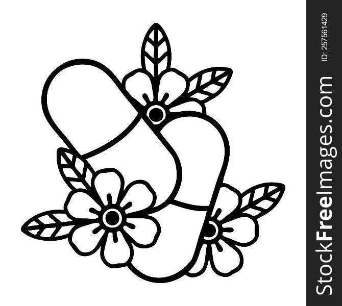 tattoo in black line style of pills and flowers. tattoo in black line style of pills and flowers