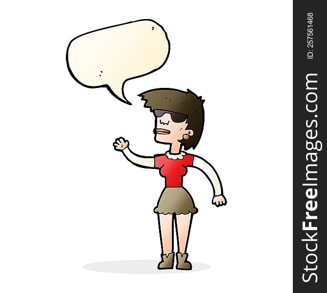 Cartoon Woman In Spectacles Waving With Speech Bubble