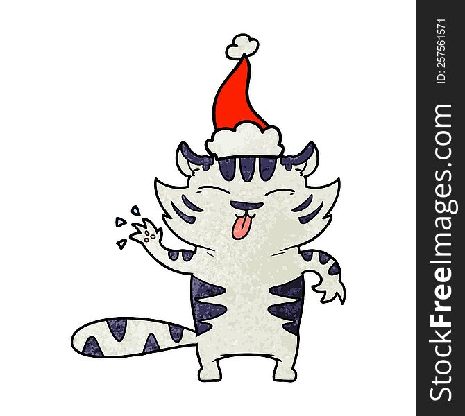 Textured Cartoon Of A White Tiger Wearing Santa Hat