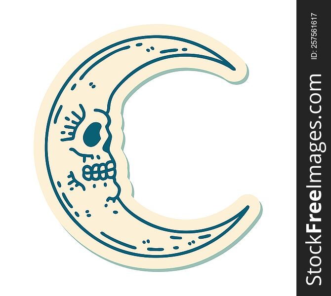 sticker of tattoo in traditional style of a skull moon. sticker of tattoo in traditional style of a skull moon