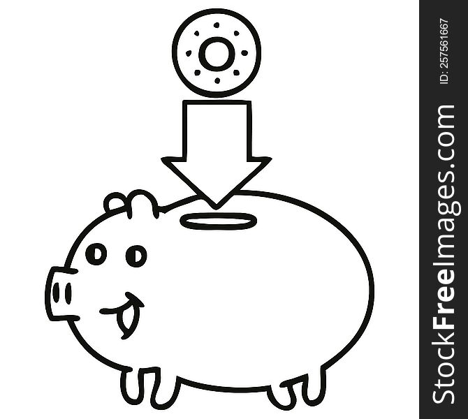 line drawing cartoon of a piggy bank