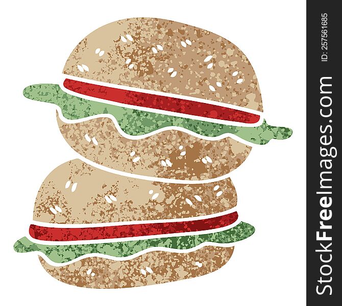 retro illustration style quirky cartoon veggie burger. retro illustration style quirky cartoon veggie burger