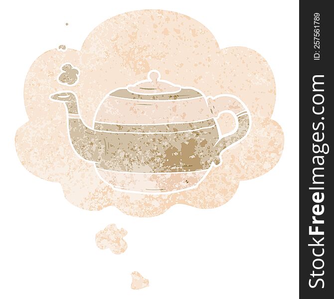 cartoon teapot with thought bubble in grunge distressed retro textured style. cartoon teapot with thought bubble in grunge distressed retro textured style