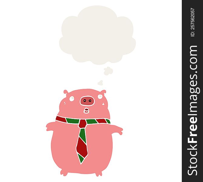 Cartoon Pig Wearing Office Tie And Thought Bubble In Retro Style
