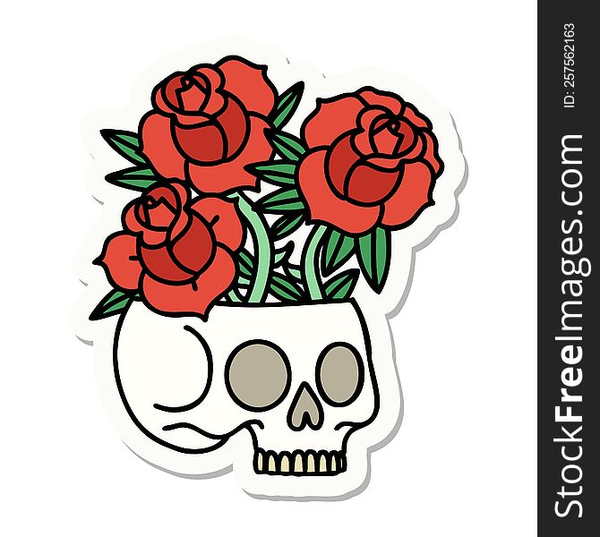 Tattoo Style Sticker Of A Skull And Roses